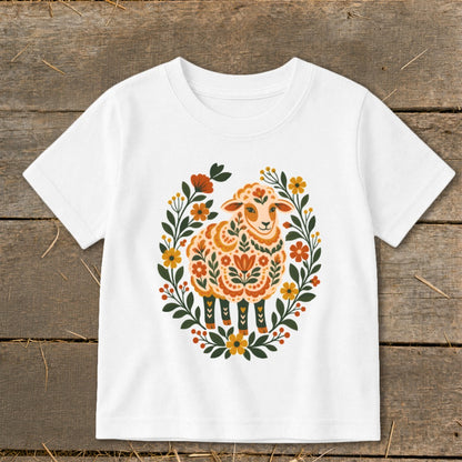 White t-shirt with a sheep surrounded by a floral wreath design.