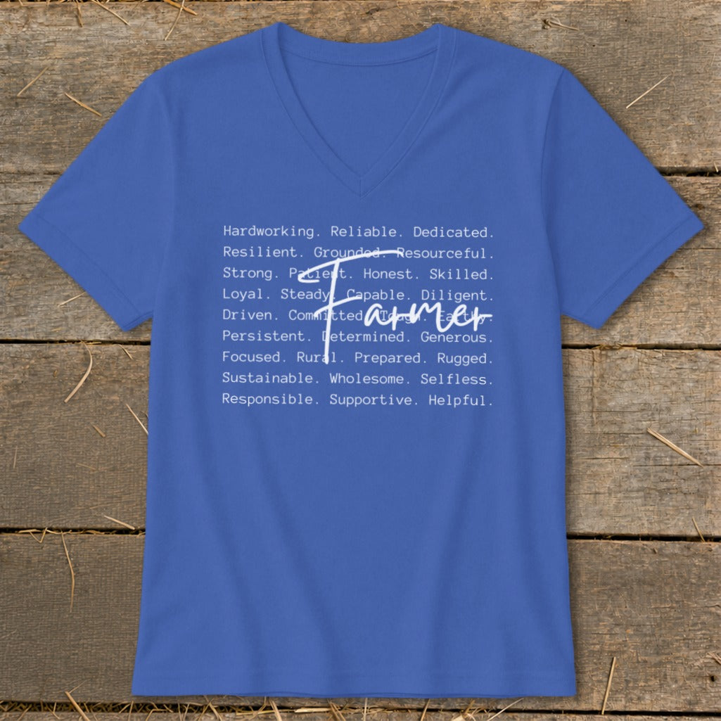 Blue v-neck t-shirt with "Farmer" in script and a list of positive adjectives.