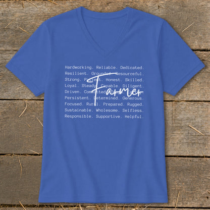 Blue v-neck t-shirt with "Farmer" in script and a list of positive adjectives.