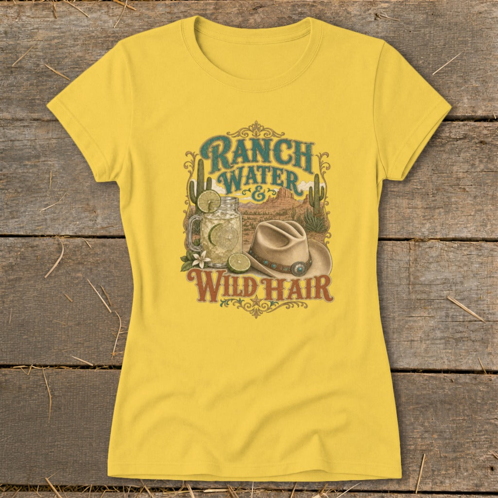 Yellow t-shirt with "Ranch Water & Wild Hair" text and desert graphic.