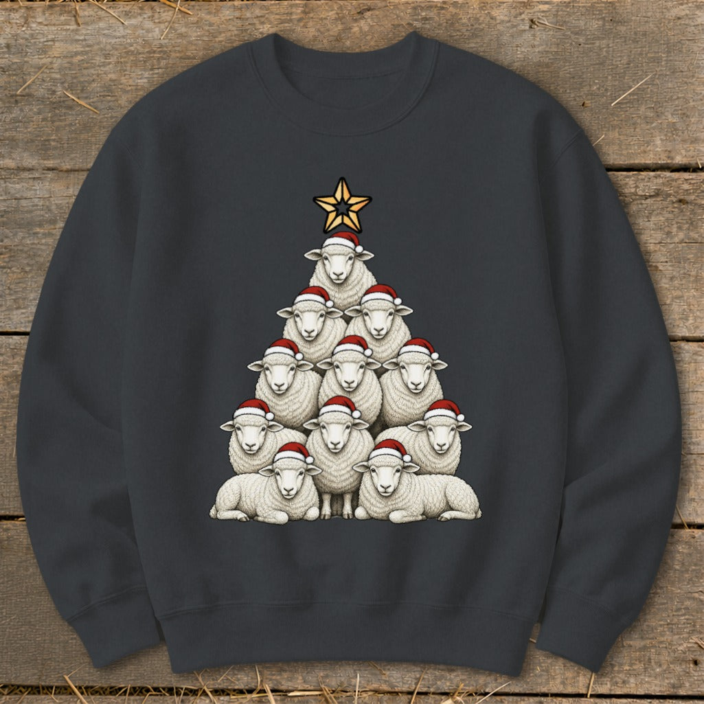 Christmas tree made of sheep wearing Santa hats with a star on top.