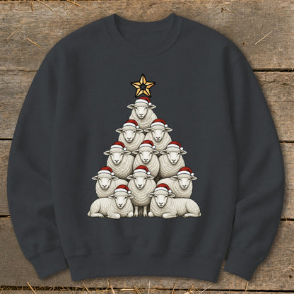 Christmas tree made of sheep wearing Santa hats with a star on top.