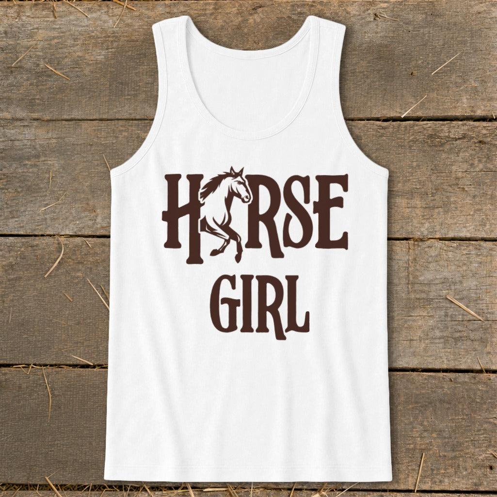 White tank top with brown "HORSE GIRL" text and a horse graphic.