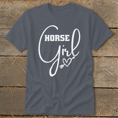 Gray t-shirt with white "HORSE Girl" text, heart, and arrow design.
