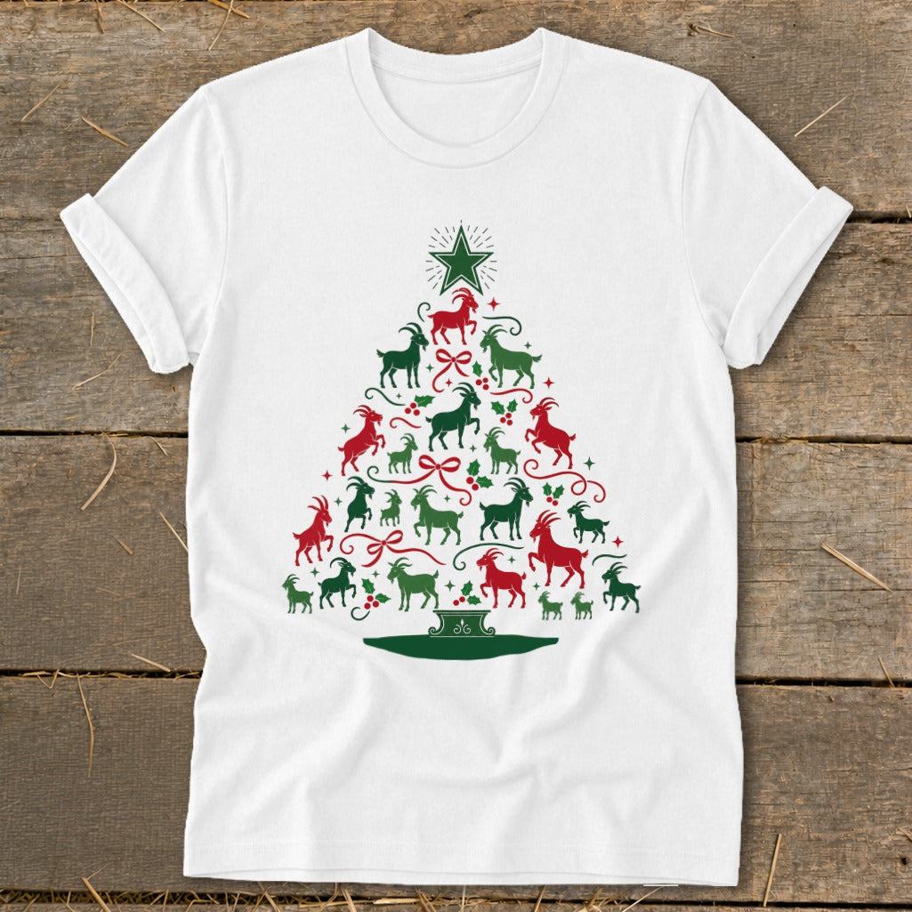 White t-shirt with a Christmas tree made of red and green goats.