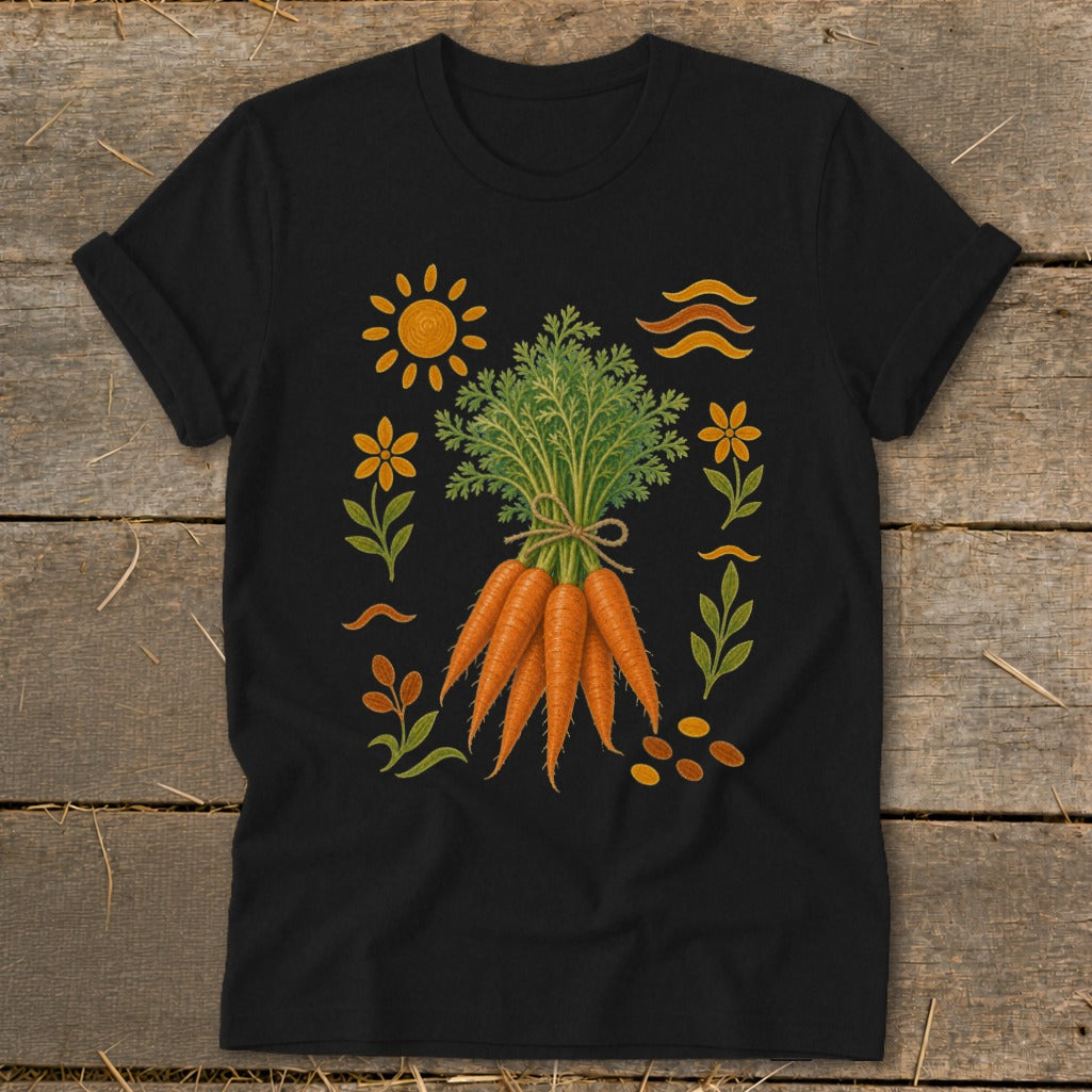 Black t-shirt with a bunch of carrots, sun, flowers, and leaves illustration.