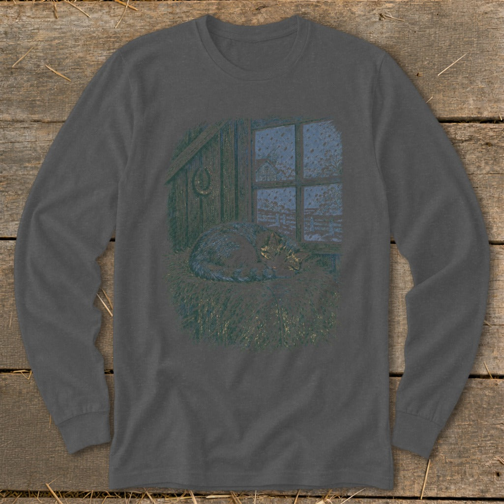 Cat sleeping on hay in front of a window with falling snow.