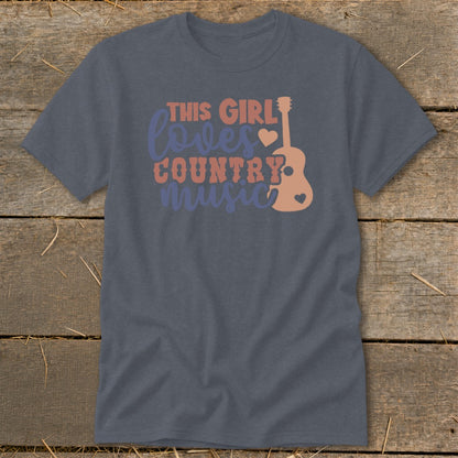Dark grey t-shirt with "This Girl Loves Country Music" text and guitar graphic.