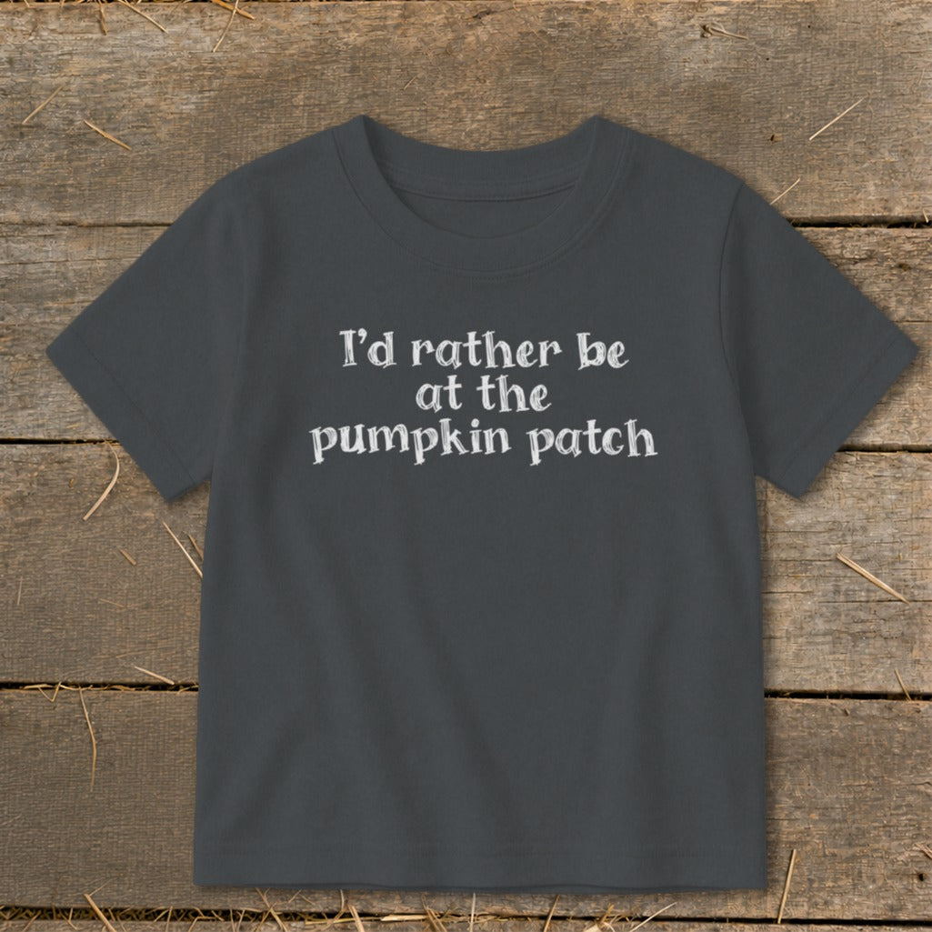 Charcoal t-shirt with white text "I'd rather be at the pumpkin patch".