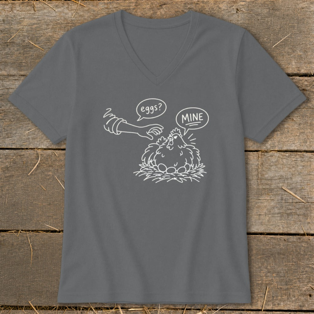White cartoon of chicken with eggs saying "MINE" to a hand asking "eggs?".