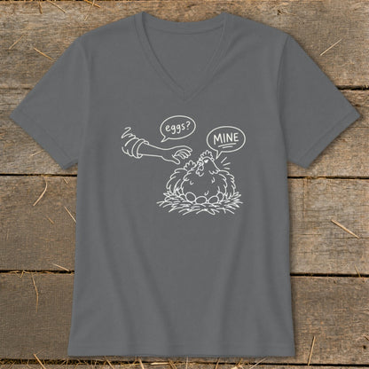 White cartoon of chicken with eggs saying "MINE" to a hand asking "eggs?".