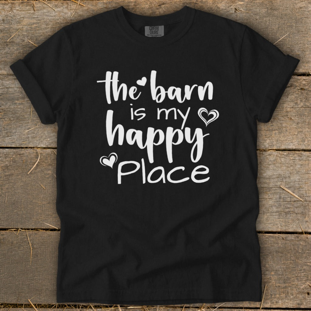Black t-shirt with white text "the barn is my happy place" and small hearts.