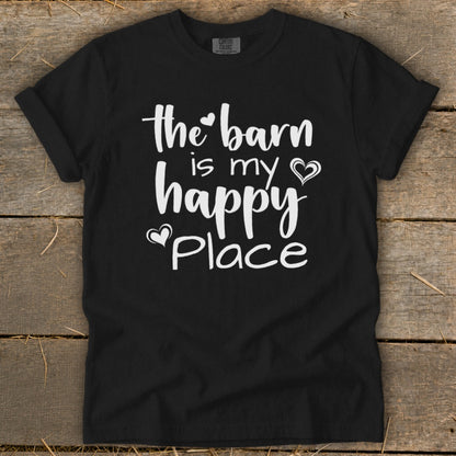 Black t-shirt with white text "the barn is my happy place" and small hearts.