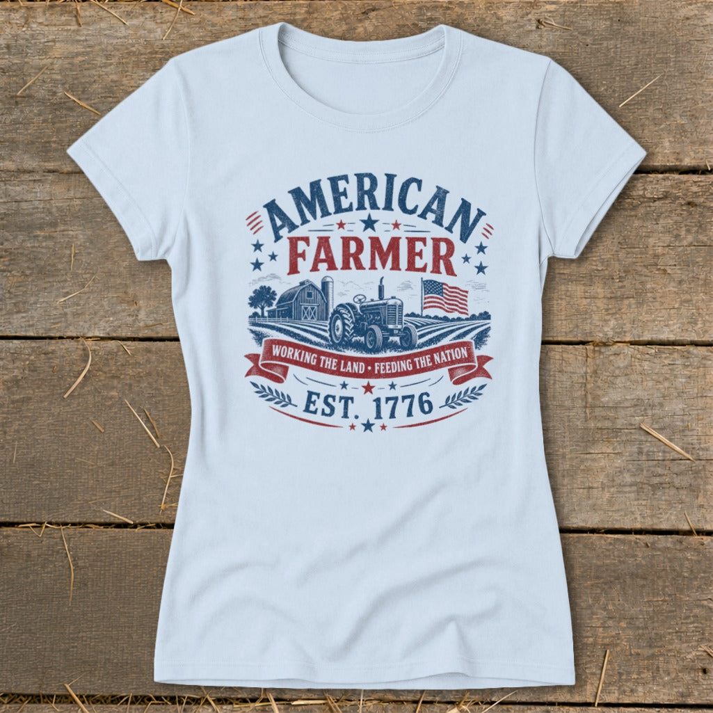 American Farmer t-shirt with tractor, barn, flag, and "Est. 1776" text.
