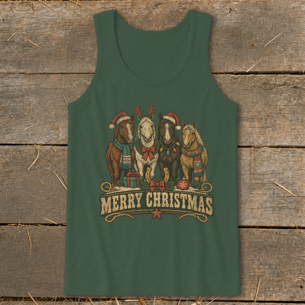 Four horses wear Santa hats and scarves, with gifts below text "MERRY CHRISTMAS".