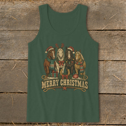 Four horses wear Santa hats and scarves, with gifts below text "MERRY CHRISTMAS".