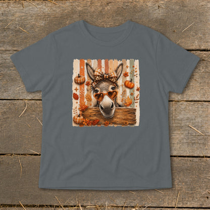 Donkey wearing heart sunglasses and plaid bow with pumpkins and fall leaves.