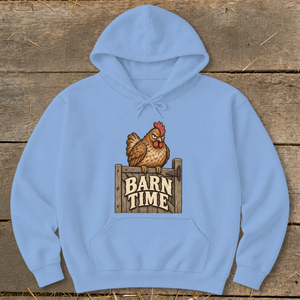 Light blue hoodie with a chicken sitting on a wooden sign that reads "BARN TIME".