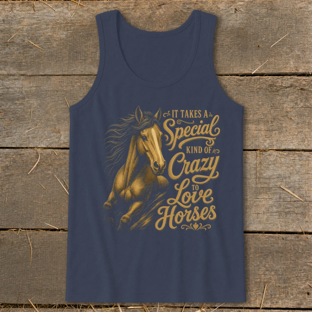 Navy tank top with a distressed horse graphic and gold text that reads "It Takes A Special Kind Of Crazy To Love Horses".