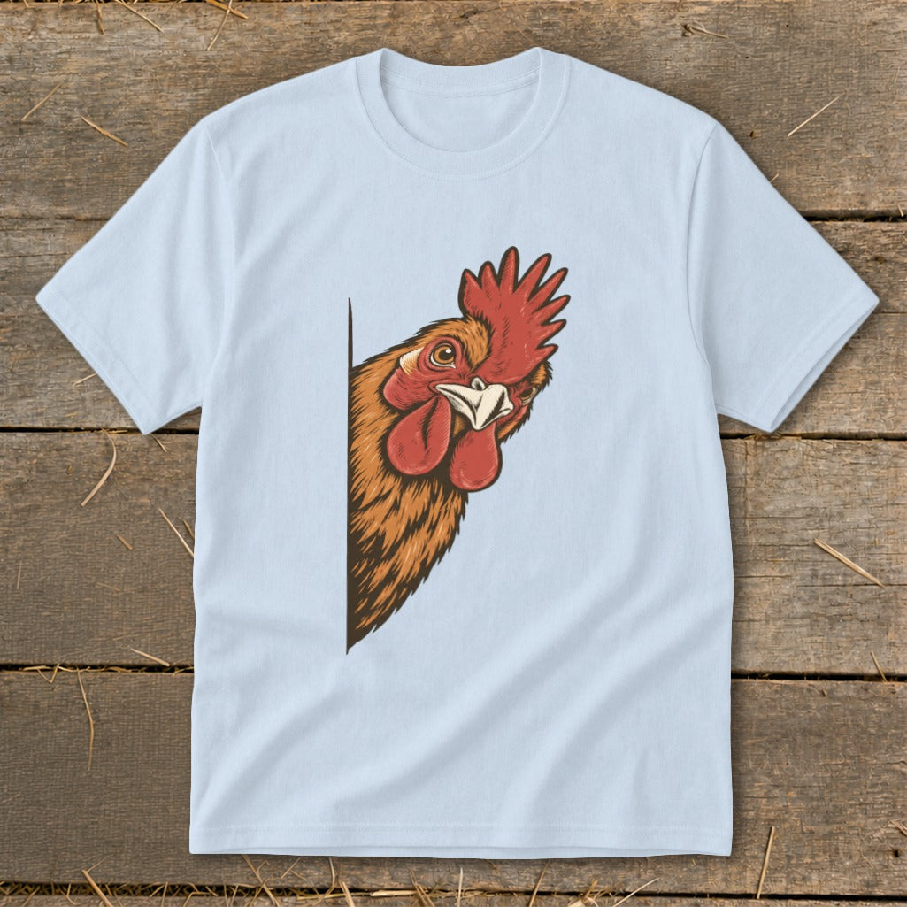 Light blue t-shirt with a drawing of a rooster peeking from the left side.