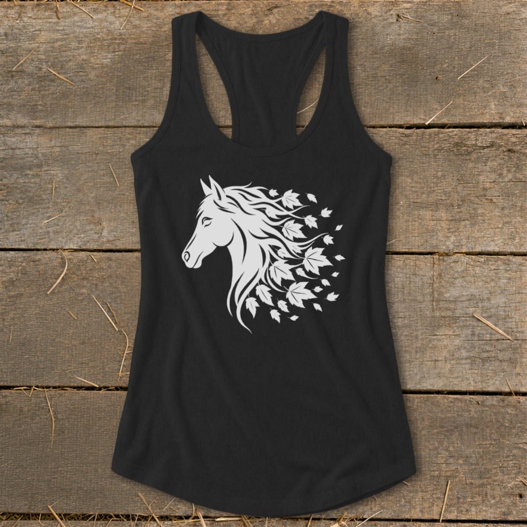 Black tank top with white horse head design and falling autumn leaves.