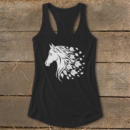 Black tank top with white horse head design and falling autumn leaves.