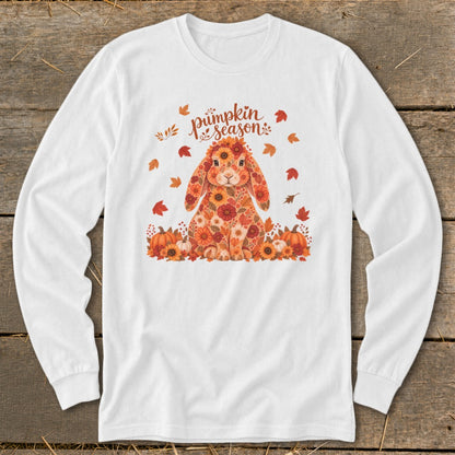 White long sleeve shirt with a floral bunny and pumpkins, "pumpkin season" text.
