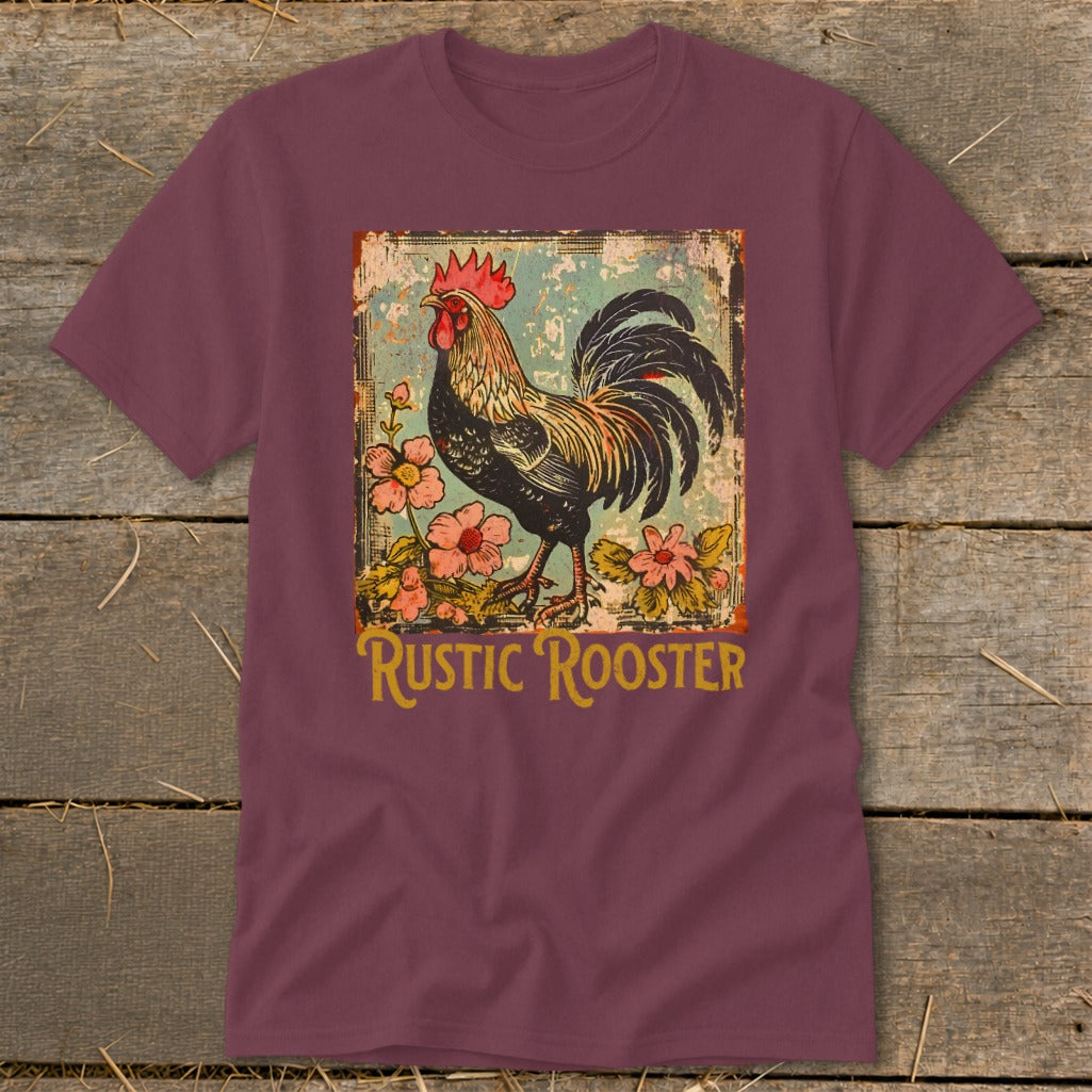 Maroon t-shirt with a distressed graphic of a rooster and flowers, reads "Rustic Rooster".