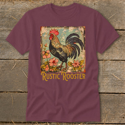 Maroon t-shirt with a distressed graphic of a rooster and flowers, reads "Rustic Rooster".