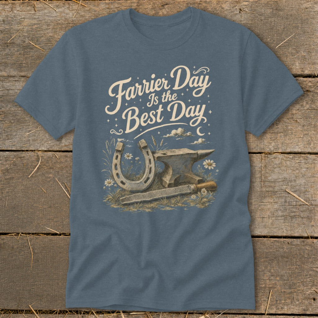 Blue t-shirt with "Farrier Day Is the Best Day" text, horseshoe, anvil, and file.