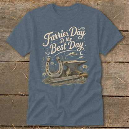 Blue t-shirt with "Farrier Day Is the Best Day" text, horseshoe, anvil, and file.