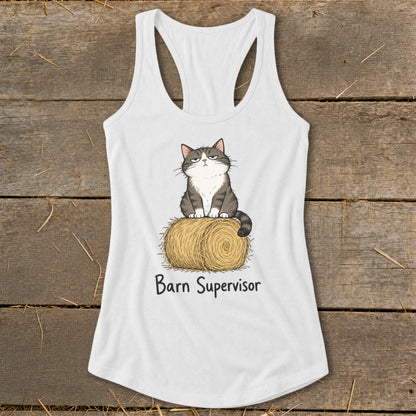 White tank top with a cartoon cat sitting on a hay bale, reading "Barn Supervisor".