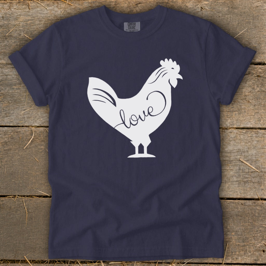 Navy t-shirt with white chicken graphic and "love" text design.