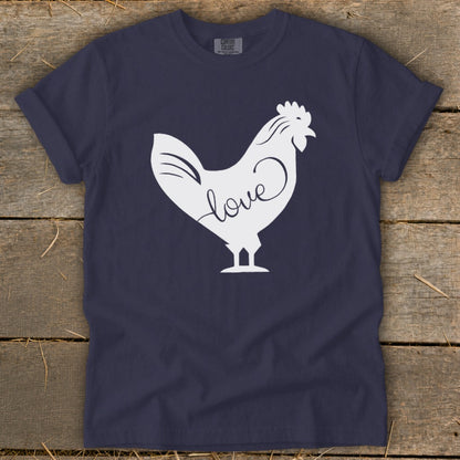 Navy t-shirt with white chicken graphic and "love" text design.