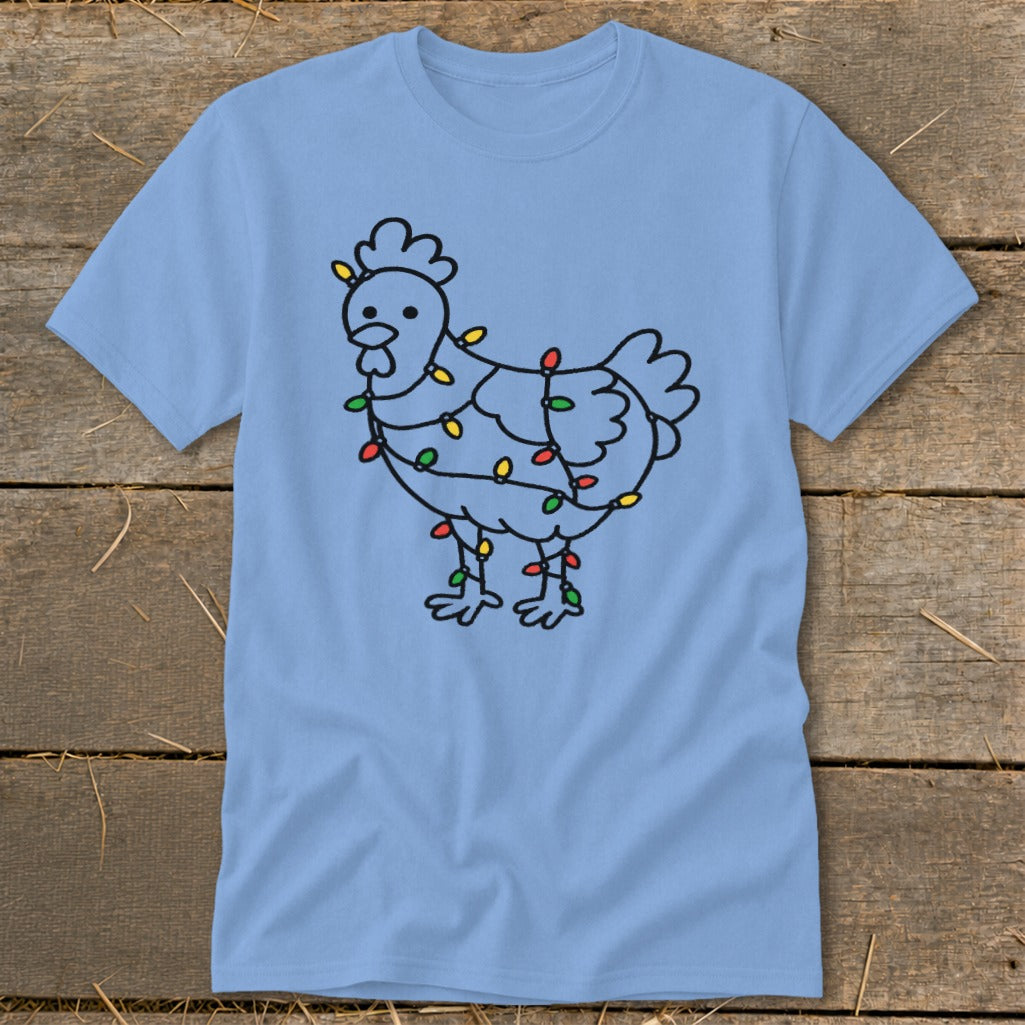 Light blue t-shirt with a black line drawing of a chicken wrapped in Christmas lights.