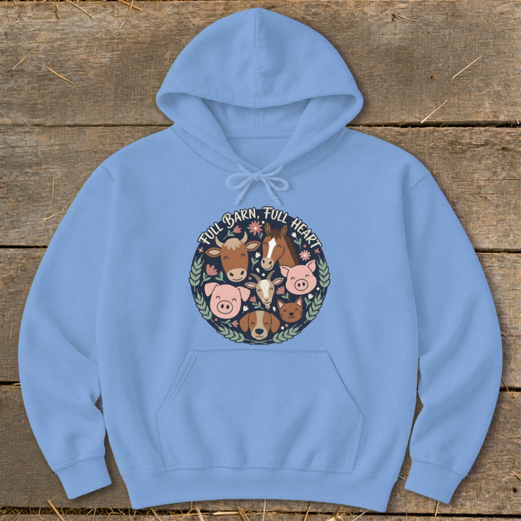 Light blue hoodie with circular farm animal graphic and text "FULL BARN, FULL HEART".