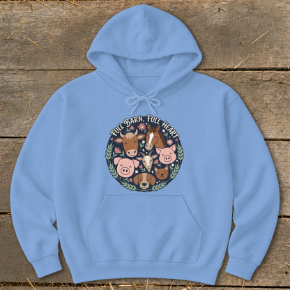 Light blue hoodie with circular farm animal graphic and text "FULL BARN, FULL HEART".