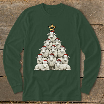Christmas tree made of sheep wearing Santa hats, topped with a star.