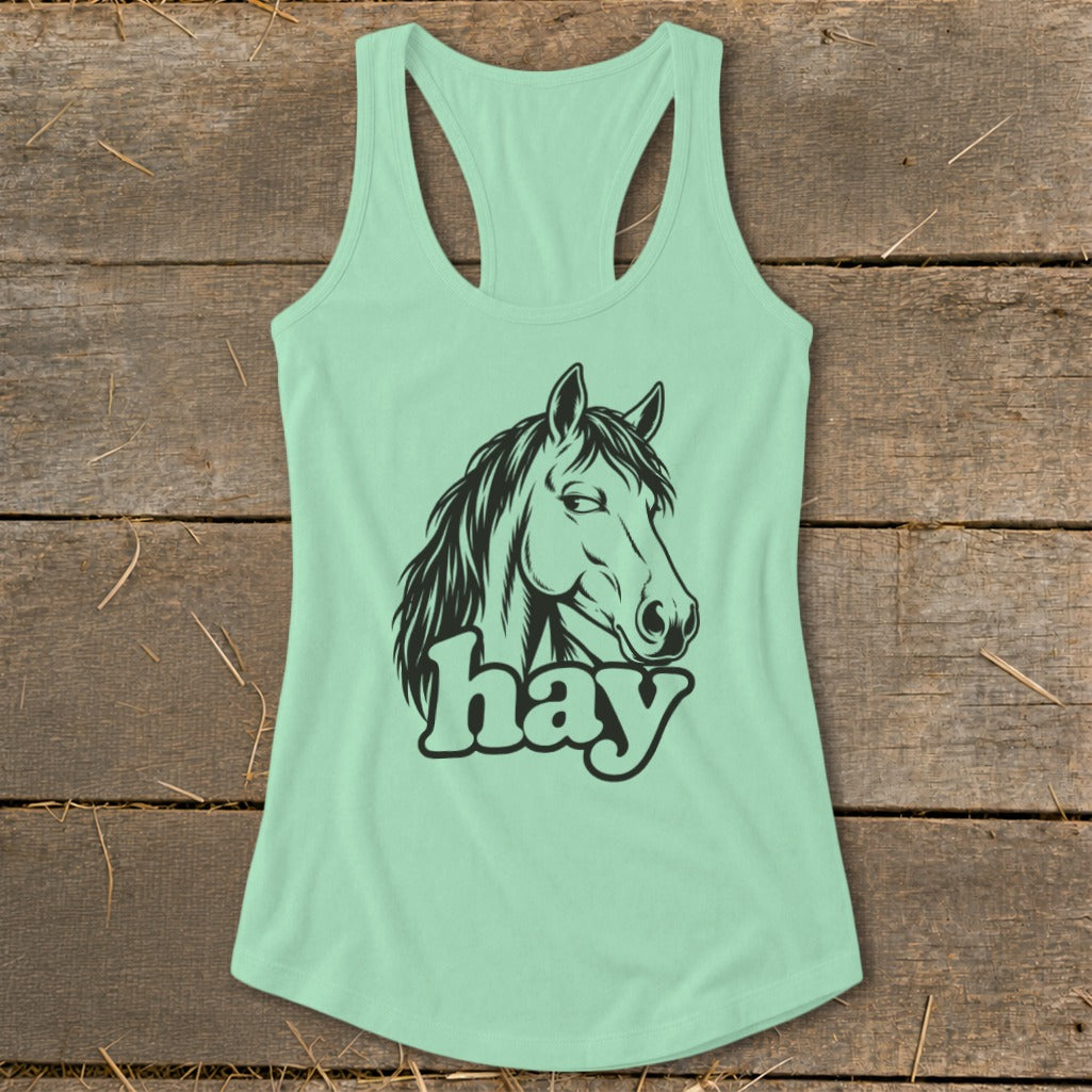Light teal tank top with black horse head graphic and "hay" text.