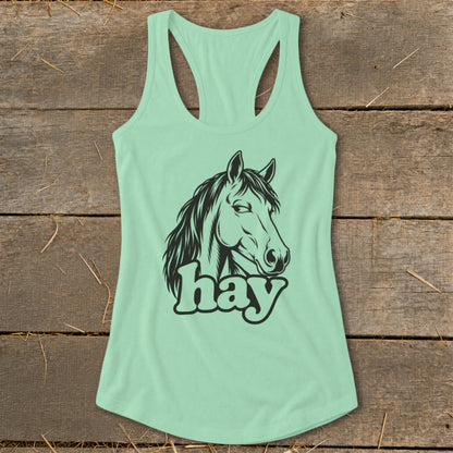 Light teal tank top with black horse head graphic and "hay" text.