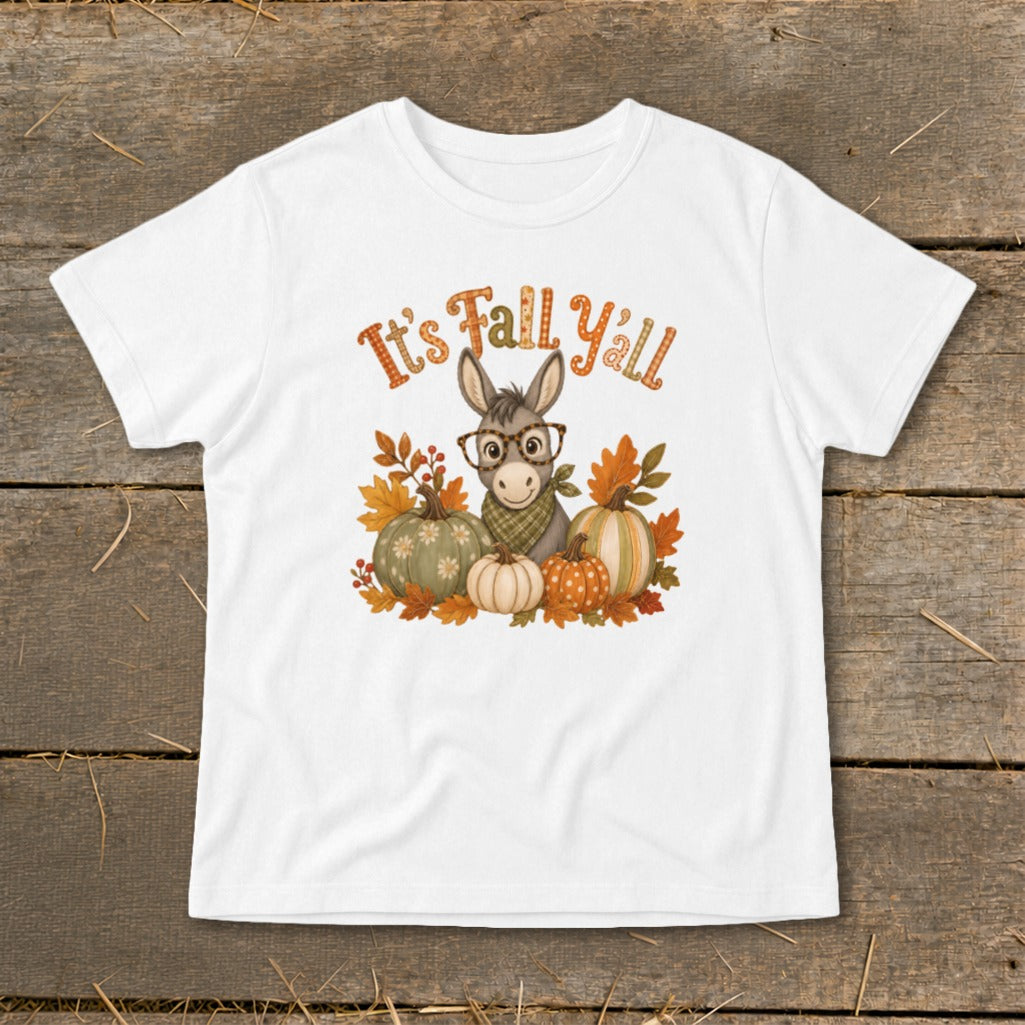 White t-shirt with a donkey graphic and "It's Fall Y'all" text.