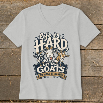 Light gray t-shirt with "Life is Hard, Get Some Goats To Make It Harder" graphic.
