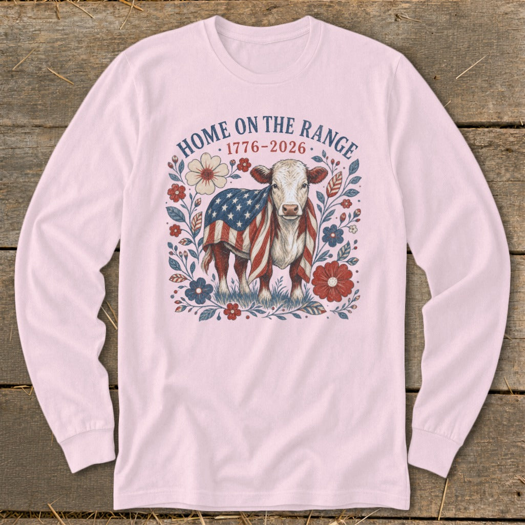 Cow wearing American flag blanket surrounded by flowers, text reads "Home on the Range 1776-2026."