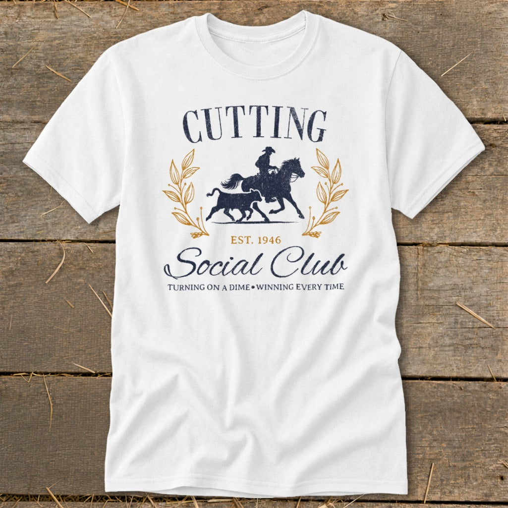 White t-shirt with "Cutting Social Club Est. 1946" and horse and bull graphic.