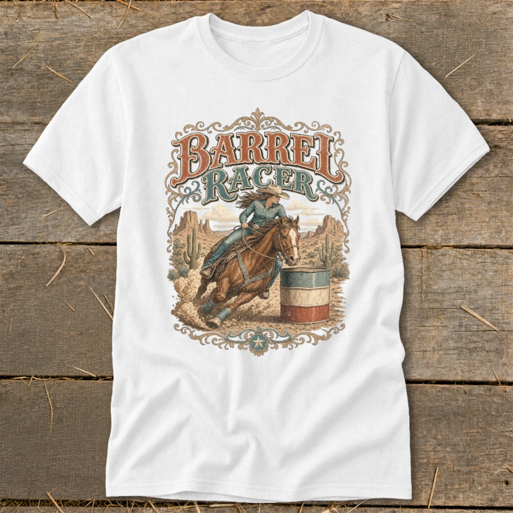 Barrel racer on horseback rounding a barrel with desert landscape background and text.