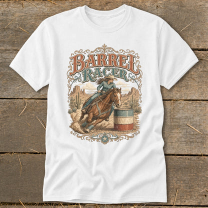 Barrel racer on horseback rounding a barrel with desert landscape background and text.
