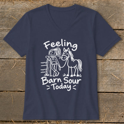 Navy t-shirt with white graphic of girl and horse and text "Feeling Barn Sour Today".