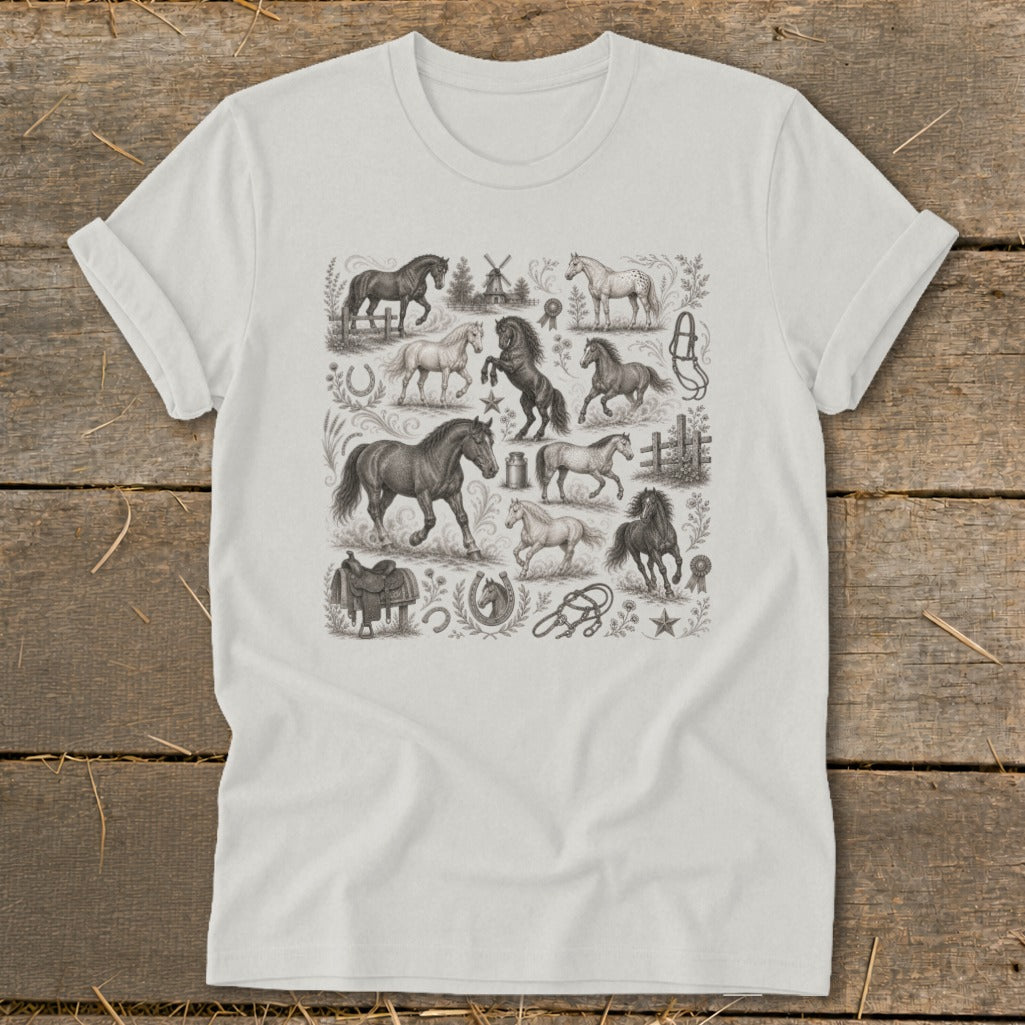 White t-shirt with a vintage-style collage of horses, saddles, and equestrian details.