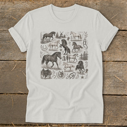 White t-shirt with a vintage-style collage of horses, saddles, and equestrian details.
