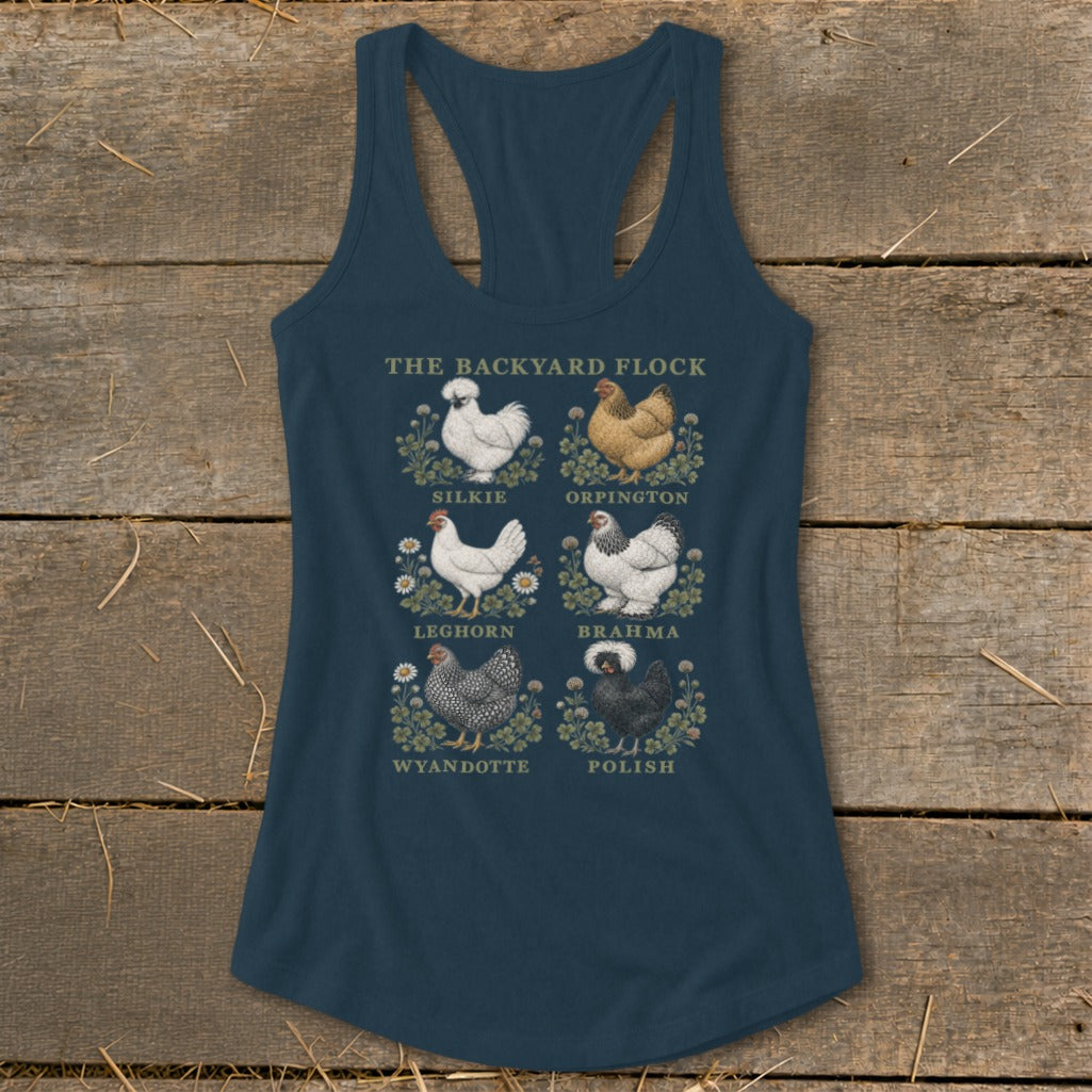Dark blue tank top with "The Backyard Flock" and illustrations of Silkie, Orpington, Leghorn, Brahma, Wyandotte, and Polish chickens.